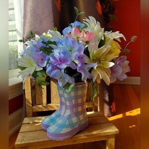 Purple, White, & Blue Gingham Spring Rainboots Flower Arrangement| Pastel Boots